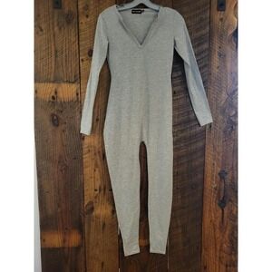 PrettyLittleThing Grey Marl Long Sleeve Notched V Neck Unitard Jumpsuit Size‎ 0